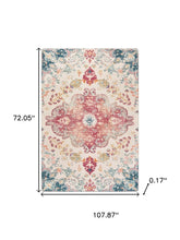 Load image into Gallery viewer, 3' X 5' Ivory Pink And Blue Medallion Distressed Washable Area Rug