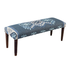 Load image into Gallery viewer, 47" Blue and Brown Geometric Jute and Solid Wood Upholstered Bench