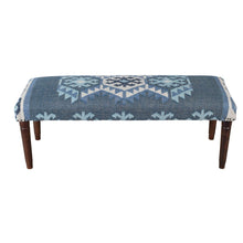 Load image into Gallery viewer, 47" Blue and Brown Geometric Jute and Solid Wood Upholstered Bench