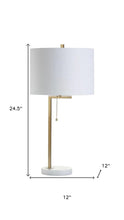 Load image into Gallery viewer, 25" Brass And White Round Table Lamp With Drum Shade