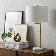 Load image into Gallery viewer, 25" Brass And White Round Table Lamp With Drum Shade