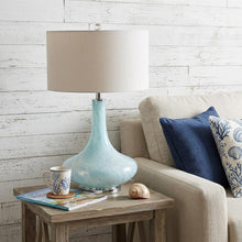 Load image into Gallery viewer, 29" Light Blue And Clear Teardrop Glass Table Lamp With Drum Shade