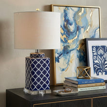 Load image into Gallery viewer, 23" Clear Navy Blue And White Geometric Table Lamp With Drum Shade