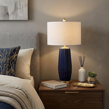 Load image into Gallery viewer, 29" Navy Blue And Gold Table Lamp With Drum Shade