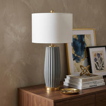 Load image into Gallery viewer, 29" Dark Gray And Gold Table Lamp With Drum Shade
