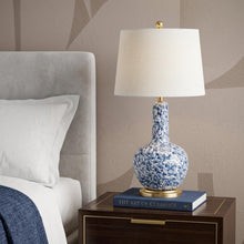 Load image into Gallery viewer, 30" Blue White And Gold Gourd Table Lamp With Drum Shade