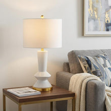 Load image into Gallery viewer, 27" White And Gold Geometric Table Lamp With Drum Shade