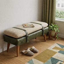 Load image into Gallery viewer, 35" Olive Green and Brown Boucle And Genuine Leather and Solid Wood Upholstered Bench
