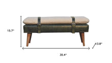Load image into Gallery viewer, 35" Olive Green and Brown Boucle And Genuine Leather and Solid Wood Upholstered Bench