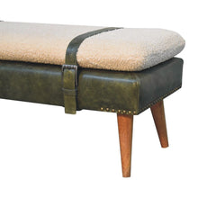 Load image into Gallery viewer, 35" Olive Green and Brown Boucle And Genuine Leather and Solid Wood Upholstered Bench