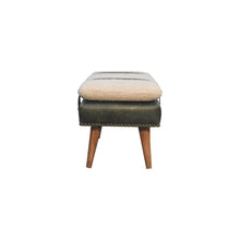 Load image into Gallery viewer, 35" Olive Green and Brown Boucle And Genuine Leather and Solid Wood Upholstered Bench