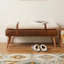 Load image into Gallery viewer, 35" Brown Boucle And Genuine Leather and Solid Wood Upholstered Bench