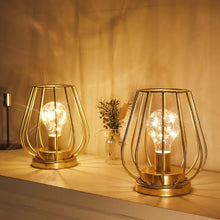 Load image into Gallery viewer, Set of Two 7" Gold Geometric Geometric Cage Cordless Desk Lamps