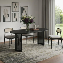 Load image into Gallery viewer, 79" Black Solid Wood With Rattan Double Pedestal Base Oval Dining Table