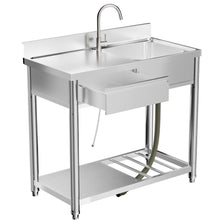 Load image into Gallery viewer, Outdoor Utility Sink With Workbench & Storage Shelf, Freestanding Prep Table With Left Drawer, Garden Patio Sink Station With 360° Hot & Cold Water Faucet - Silver