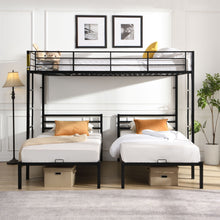 Load image into Gallery viewer, Modern Metal Triple Bunk Bed With Vertical Ladder, Safety Rail, And Storage Shelf - Black