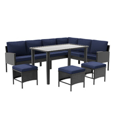 Load image into Gallery viewer, 7 Piece Outdoor Furniture Set With Waterproof Cushions, Glass Table, And Space Saving Design - Blue