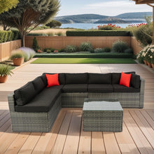 Load image into Gallery viewer, 5 Pieces Rattan Sectional Outdoor Furniture Cushioned U Sof Set With 2 Pillow - Gray / Black