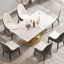 Load image into Gallery viewer, 63" Modern Artificial Stone Panel Double-Ring Stainless Steel Metal Legs, Can Accommodate 6-8 People - White / Gold