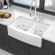 Load image into Gallery viewer, Sink 33" Double Bowl 60 / 40 Kitchen Sink With Deep Basin And Grids - White