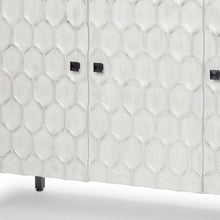 Load image into Gallery viewer, 47" Wood And Metal Carved Geometric Accent Cabinet With Three Doors - Gray / White