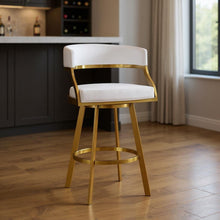 Load image into Gallery viewer, 30" Faux Leather And Stainless Steel Low Back Bar Height Swivel Bar Chair - White / Gold
