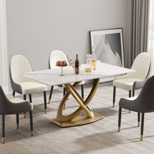 Load image into Gallery viewer, 63" Modern Artificial Stone Panel Double-Ring Stainless Steel Metal Legs, Can Accommodate 6-8 People - White / Gold