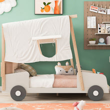 Load image into Gallery viewer, Twin Size Car Bed & Pillow, Ceiling Cloth And LED - Natural