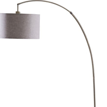 Load image into Gallery viewer, Arched Floor Lamp With Gray Drum Shade - Beige And Antique Gold