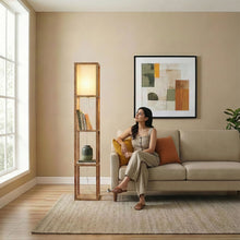 Load image into Gallery viewer, Pinnacle - Shelf Floor Lamp For Bedroom / Living Room, Long Shade - Natural Wood / White