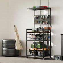 Load image into Gallery viewer, Fishing Rod Storage Rack With Pegboard, Rolling Tackle Organizer Cart - Black