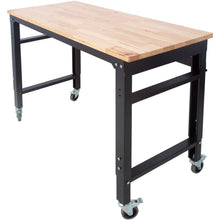 Load image into Gallery viewer, Wide Rolling Workbench For Garage, Adjustable Height, Workshop Tool Bench, Metal With Rubber Wood Top