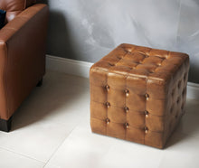 Load image into Gallery viewer, Tufted Leather Vintage Style Cube Ottoman - Brown