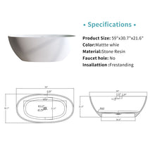 Load image into Gallery viewer, Solid Surface Matte Tub, Solid Surface Soaking Tub, Stone Resin Freestanding Bathtub, Thick Edge Stand Alone Tubs With Overflow, Pop-Up Drain (Oval) - Matte White