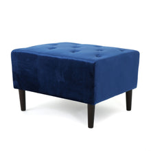 Load image into Gallery viewer, Mid Century Ottoman Velvet With Button Tufting With Birch Wood Legs - Navy Blue