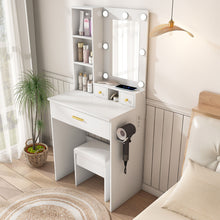 Load image into Gallery viewer, Vanity Table With Mirror, Adjustable LED Lights, Power Outlet, Hairdryer Holder & Stool