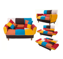 Load image into Gallery viewer, Linen Futon Convertible Sleeper Loveseat And Toss Pillows - Yellow / White / Brown