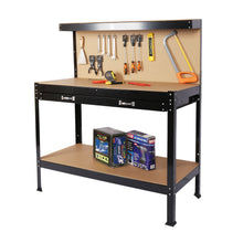 Load image into Gallery viewer, Steel Workbench Tool Storage Work Bench Workshop Tools Table With Drawer And Peg Board - Black / Light Brown