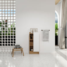 Load image into Gallery viewer, Freestanding Bathroom Side Cabinet, Narrow Storage Cabinet With Single Door & 3 Tier Open Shelves - Black / Light Oak / White