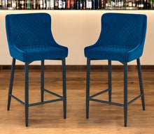Load image into Gallery viewer, 26" Velvet And Metal Low Back Counter Height Bar Chairs (Set of 2) - Blue / Black