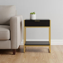 Load image into Gallery viewer, Wood And Metal End Table With Drawer And Shelf - Gold And Dark Brown