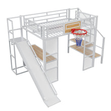 Load image into Gallery viewer, Loft Bed With Built In Desk, Open Wardrobe, Basketball Hoop, Slide And Staircase