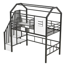 Load image into Gallery viewer, Metal Loft Bed With Roof Design And Storage Box With Guardrails And Integrated Ladder