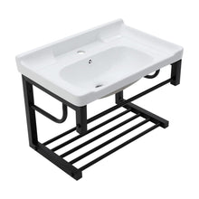 Load image into Gallery viewer, Wall Mounted Rectangular Bathroom Sink With Towel Bar & Overflow - White