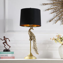 Load image into Gallery viewer, Peacock Table Lamp With Black Drum Shade - Gold