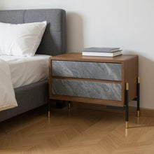 Load image into Gallery viewer, Mid Century Faux Marble Two Drawer Nightstand - Walnut And Gray