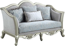 Load image into Gallery viewer, Damask Linen Curved Loveseat And Toss Pillows - Light Gray / Champagne