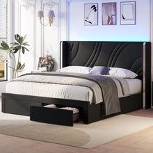 Load image into Gallery viewer, Modern Upholstered LED Bed Frame With Storage Drawers, Wingback Headboard, RGB Light
