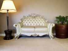 Load image into Gallery viewer, Faux Leather Loveseat And Toss Pillows - Champagne / Pearl