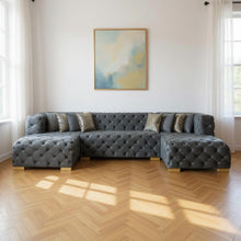 Load image into Gallery viewer, Tufted Velvet Modular U Shaped Sofa Chaise Sectional With Toss Pillows - Gray